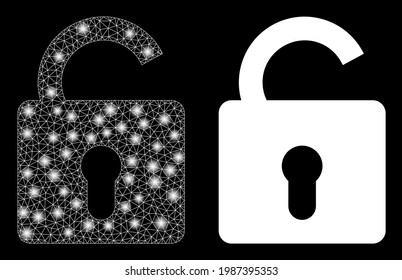 Desbloqueo del vector de malla brillante con efecto de resplandor. Malla blanca, puntos brillantes sobre un fondo negro con icono de desbloqueo. Los elementos de malla y resplandor se colocan en diferentes capas.