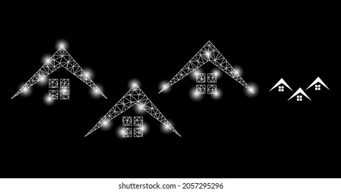Aldea vectorial de malla brillante con efecto de resplandor. Malla blanca, manchas brillantes en un fondo negro con ícono de aldea. Los elementos de malla y foco se colocan en diferentes capas.