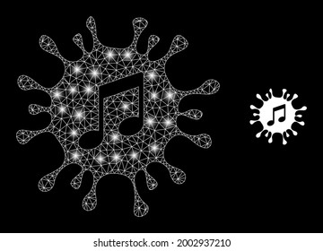 Melodía del virus vectorial de malla brillante con efecto de resplandor. Malla blanca, puntos de brillo en un fondo negro con un icono de melodía de virus. Los elementos de malla y foco se colocan en diferentes capas.