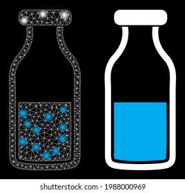 Bright mesh vector water bottle with glow effect. White mesh, bright spots on a black background with water bottle icon. Mesh and glare elements are placed on different layers.