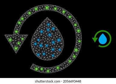 Recuperación del rocío vectorial de malla brillante con efecto de resplandor. Malla blanca, puntos de brillo en un fondo negro con un icono de recuperación de rocío de agua. Los elementos de malla y resplandor se colocan en diferentes capas.