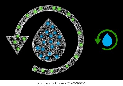 Bright mesh vector water dew recovery with glare effect. White mesh, bright spots on a black background with water dew recovery icon. Mesh and glare elements are placed on different layers.