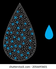 Bright mesh vector water drop with glow effect. White mesh, bright spots on a black background with water drop icon. Mesh and glowing elements are placed on different layers.
