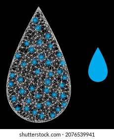 Bright mesh vector water drop with glare effect. White mesh, bright spots on a black background with water drop icon. Mesh and glowing elements are placed on different layers.