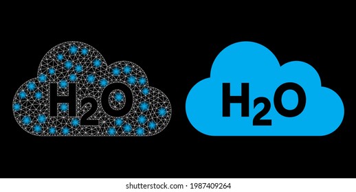 Bright mesh vector water fog with glare effect. White mesh, bright spots on a black background with water fog icon. Mesh and lightspot elements are placed on different layers.