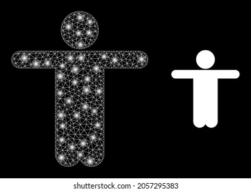 Bright mesh vector welcome man with glare effect. White mesh, glare spots on a black background with welcome man icon. Mesh and glowing elements are placed on different layers.