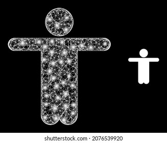 Bright mesh vector welcome man with glare effect. White mesh, glare spots on a black background with welcome man icon. Mesh and glowing elements are placed on different layers.