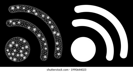 Bright mesh vector wireless internet point with glare effect. White mesh, light spots on a black background with wireless internet point icon. Mesh and glare elements are placed on different layers.