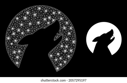 Bright mesh vector wolf with glare effect. White mesh, light spots on a black background with wolf icon. Mesh and glare elements are placed on different layers.