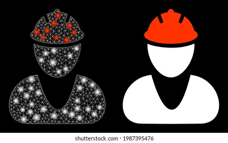 Bright mesh vector worker with glare effect. White mesh, glare spots on a black background with worker icon. Mesh and glare elements are placed on different layers.