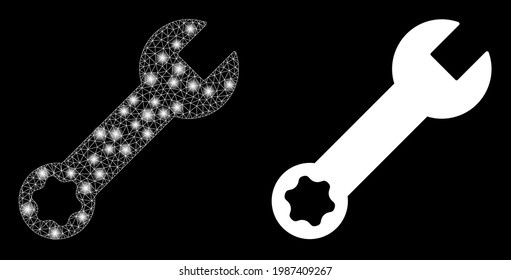 Bright mesh vector wrench tool with glare effect. White mesh, flash spots on a black background with wrench tool icon. Mesh and glare elements are placed on different layers.
