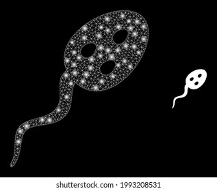 Bright mesh vibrion microbe with glowing spots. Vector carcass based on vibrion microbe icon. Glowing frame mesh vibrion microbe on a black background.