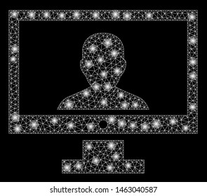 Bright mesh video blogger PC with lightspot effect. Abstract illuminated model of video blogger PC icon. Shiny wire carcass polygonal mesh video blogger PC. Vector abstraction on a black background.