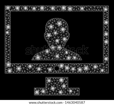 Bright mesh video blogger PC with lightspot effect. Abstract illuminated model of video blogger PC icon. Shiny wire carcass polygonal mesh video blogger PC. Vector abstraction on a black background.
