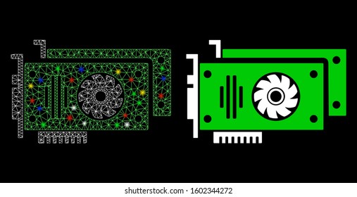 Bright mesh video cards icon with lightspot effect. Abstract illuminated model of video cards. Shiny wire carcass polygonal mesh video cards icon. Vector abstraction on a black background.