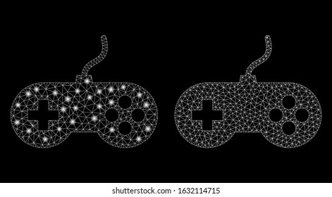 Bright mesh video games with glare effect. Abstract illuminated model of video games icon. Shiny wire carcass triangular mesh video games icon. Vector abstraction on a black background.
