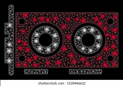 Bright mesh video graphics card with glare effect. Abstract illuminated model of video graphics card icon. Shiny wire frame triangular mesh video graphics card.