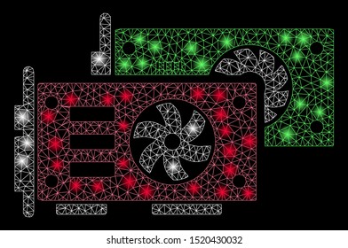 Bright mesh video graphics GPU cards with lightspot effect. Abstract illuminated model of video graphics GPU cards icon. Shiny wire frame polygonal mesh video graphics GPU cards.