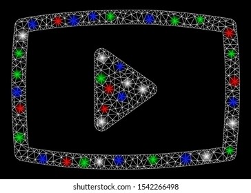 Bright mesh video screen with glare effect. White wire carcass triangular mesh in vector format on a black background. Abstract 2d mesh designed with triangles, dots, colored glare spots.