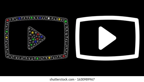 Bright Mesh Video Screen Icon With Sparkle Effect. Abstract Illuminated Model Of Video Screen. Shiny Wire Carcass Triangular Mesh Video Screen Icon. Vector Abstraction On A Black Background.