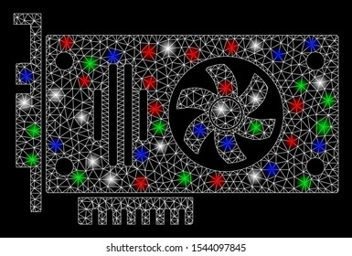 Bright mesh videocard with lightspot effect. White wire frame polygonal mesh in vector format on a black background. Abstract 2d mesh designed with polygonal grid, dots, colored light spots.