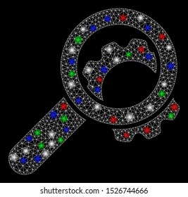 Bright mesh view configuration gear with glare effect. White wire frame polygonal mesh in vector format on a black background. Abstract 2d mesh built from polygonal grid, dots, colorful glare spots.