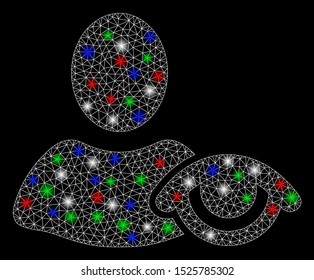 Bright mesh view with glare effect. White wire frame polygonal mesh in vector format on a black background. Abstract 2d mesh created from polygonal grid, small circle, colored flare spots.
