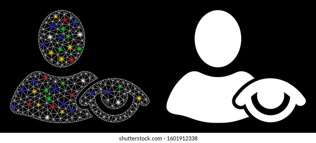 Bright mesh view icon with glare effect. Abstract illuminated model of view. Shiny wire frame polygonal network view icon. Vector abstraction on a black background.