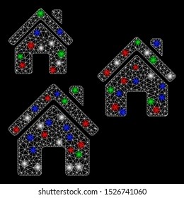 Bright mesh village buildings with glow effect. White wire frame polygonal network in vector format on a black background. Abstract 2d mesh designed with polygonal grid, small circle,