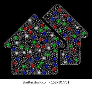 Bright mesh village with glare effect. White wire carcass triangular mesh in vector format on a black background. Abstract 2d mesh designed with triangular lines, spheric points, colored light spots.