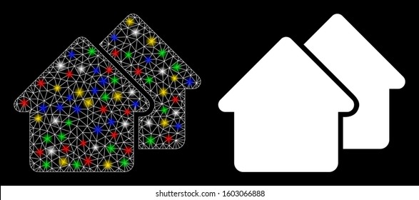 Bright mesh village icon with lightspot effect. Abstract illuminated model of village. Shiny wire frame triangular mesh village icon. Vector abstraction on a black background.