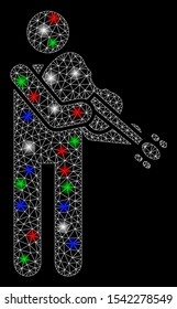 Bright mesh violinist with glare effect. White wire carcass triangular mesh in vector format on a black background. Abstract 2d mesh designed with triangular lines, dots, colored glare spots.
