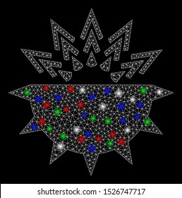 Bright mesh viral structure with glare effect. White wire carcass polygonal network in vector format on a black background. Abstract 2d mesh built from polygonal grid, points, colored glare spots.