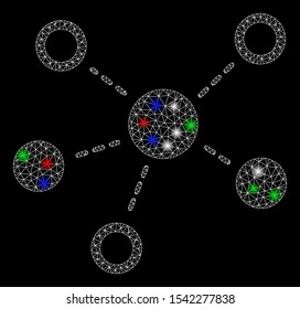 Bright mesh virtual links with glow effect. White wire frame triangular mesh in vector format on a black background. Abstract 2d mesh designed with triangular lines, dots, colored flare spots.