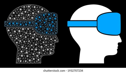 Bright mesh virtual reality with glow effect. Abstract illuminated model based on virtual reality icon. Shiny wire frame polygonal network virtual reality. Vector abstraction on a black background.