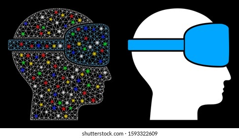 Bright mesh virtual reality icon with sparkle effect. Abstract illuminated model of virtual reality. Shiny wire carcass polygonal mesh virtual reality icon. Vector abstraction on a black background.