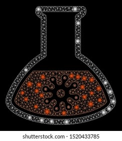 Bright mesh virus analysis with sparkle effect. Abstract illuminated model of virus analysis icon. Shiny wire carcass triangular mesh virus analysis. Vector abstraction on a black background.