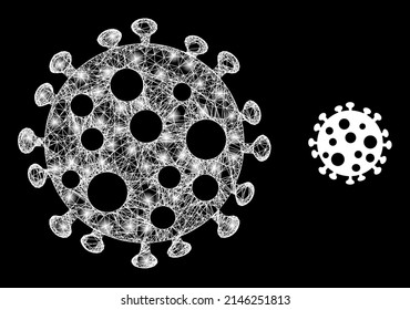 Celda del virus de malla brillante con puntos brillantes. Malla plana de canal lineal generada a partir de líneas blancas cruzadas e icono de la célula de virus. Mesh blanca y célula del virus de la malla espumosa en un fondo negro.
