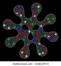Bright mesh virus with glare effect. White wire frame polygonal mesh in vector format on a black background. Abstract 2d mesh designed with polygonal grid, points, colored flare spots.