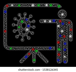 Bright mesh virus lecture with lightspot effect. White wire carcass triangular mesh in vector format on a black background. Abstract 2d mesh designed with triangles, dots, colorful glare spots.