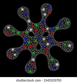 Bright mesh virus with lightspot effect. White wire carcass triangular mesh in vector format on a black background. Abstract 2d mesh created from triangular lines, dots, colored flash spots.