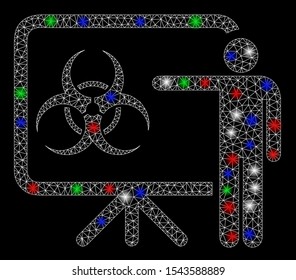 Bright mesh virus presentation board with lightspot effect. White wire frame polygonal mesh in vector format on a black background. Abstract 2d mesh created from polygonal grid, round dots,