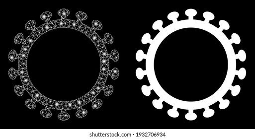 Cubierta del virus de malla brillante con efecto de foco. Modelo ilustrado abstracto basado en el icono de la shell de virus. Cubierta del virus de malla poligonal del marco de alambre brillante. Abstracción vectorial en un fondo negro.