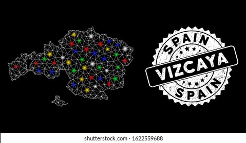 Bright mesh Vizcaya Province map with glare effect, and seal stamp. Wire frame triangular Vizcaya Province map mesh in vector format on a black background. White round stamp with rubber texture.