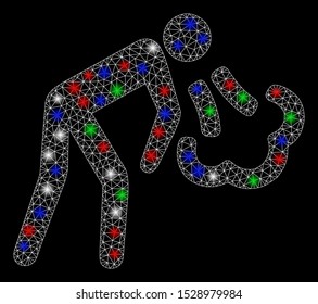 Bright mesh vomiting with lightspot effect. White wire carcass triangular mesh in vector format on a black background. Abstract 2d mesh designed with triangles, dots, colorful light spots.