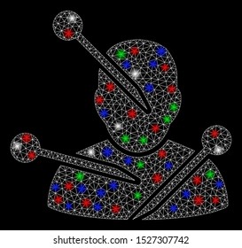Bright mesh voodoo needles with lightspot effect. White wire frame triangular mesh in vector format on a black background. Abstract 2d mesh designed with triangular lines, dots, colored light spots.