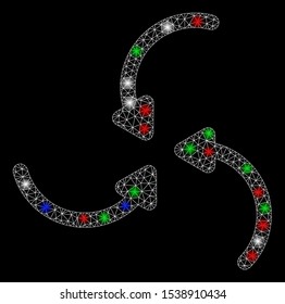 Bright mesh vortex arrows with glare effect. White wire carcass triangular mesh in vector format on a black background. Abstract 2d mesh designed with triangles, spheric points, colored glare spots.