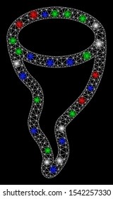 Bright mesh vortex with glare effect. White wire carcass polygonal network in vector format on a black background. Abstract 2d mesh built from polygonal grid, points, colorful glare spots.