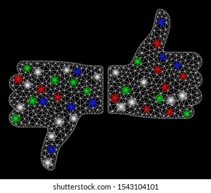 Bright mesh vote thumbs with glow effect. White wire frame triangular network in vector format on a black background. Abstract 2d mesh designed with triangular lines, round dots, colored flare spots.