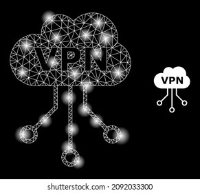 Bright mesh VPN cloud web icon with illuminated light spots. Illuminated constellation is done using VPN cloud vector icon. Constellation carcass web polygonal VPN cloud, on a black background.